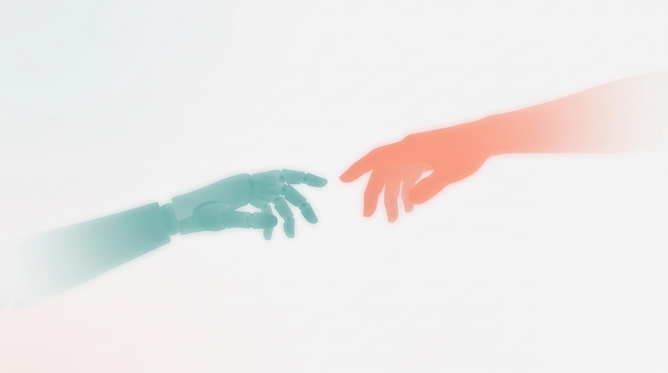 A robot hand and a human hand reaching toward each other, in the manner of The Creation of Adam